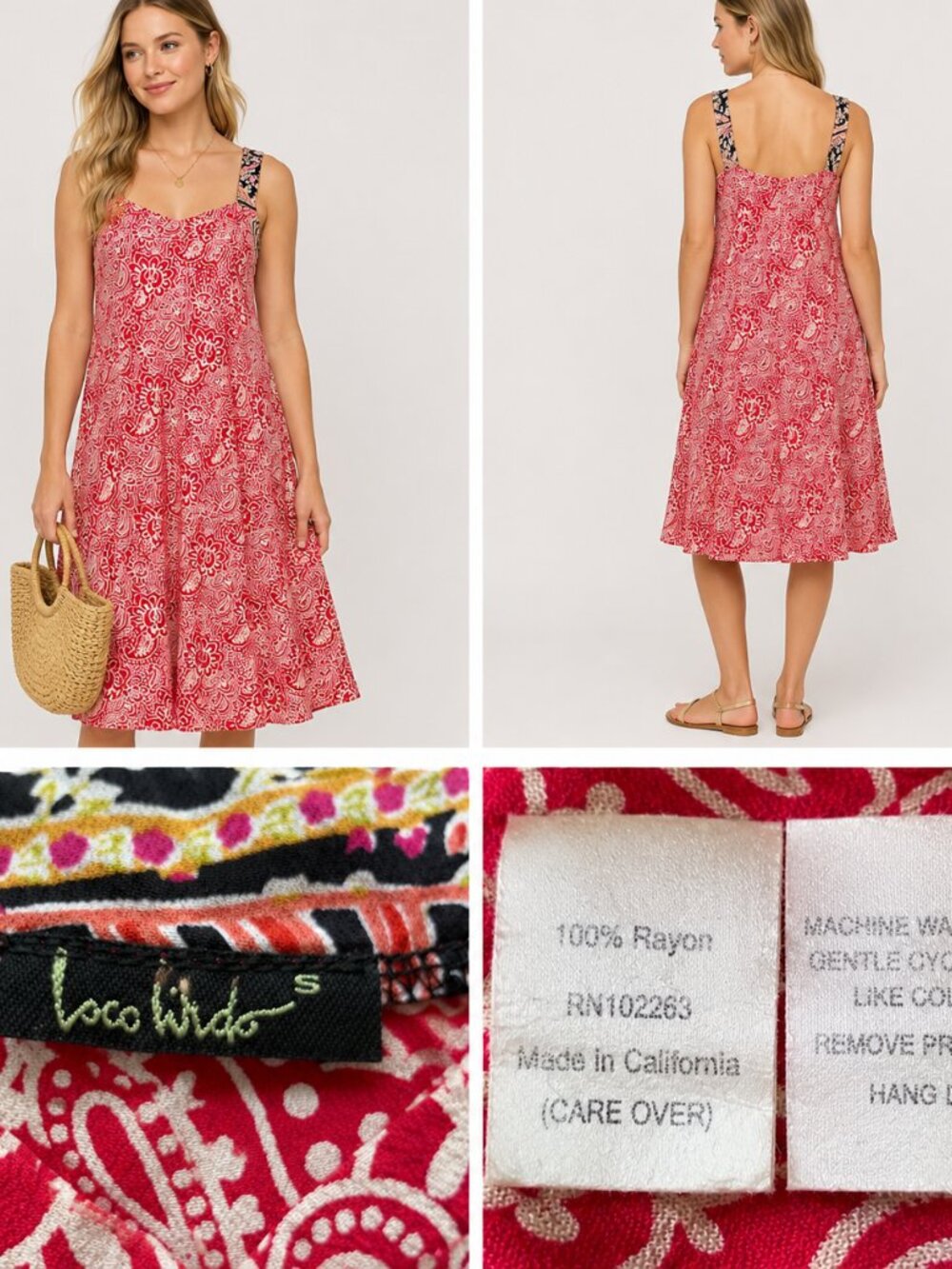 Brand: Loco Lindo Style: Sleeveless Midi Dress / Boho Sundress Color: Pink, Crea
